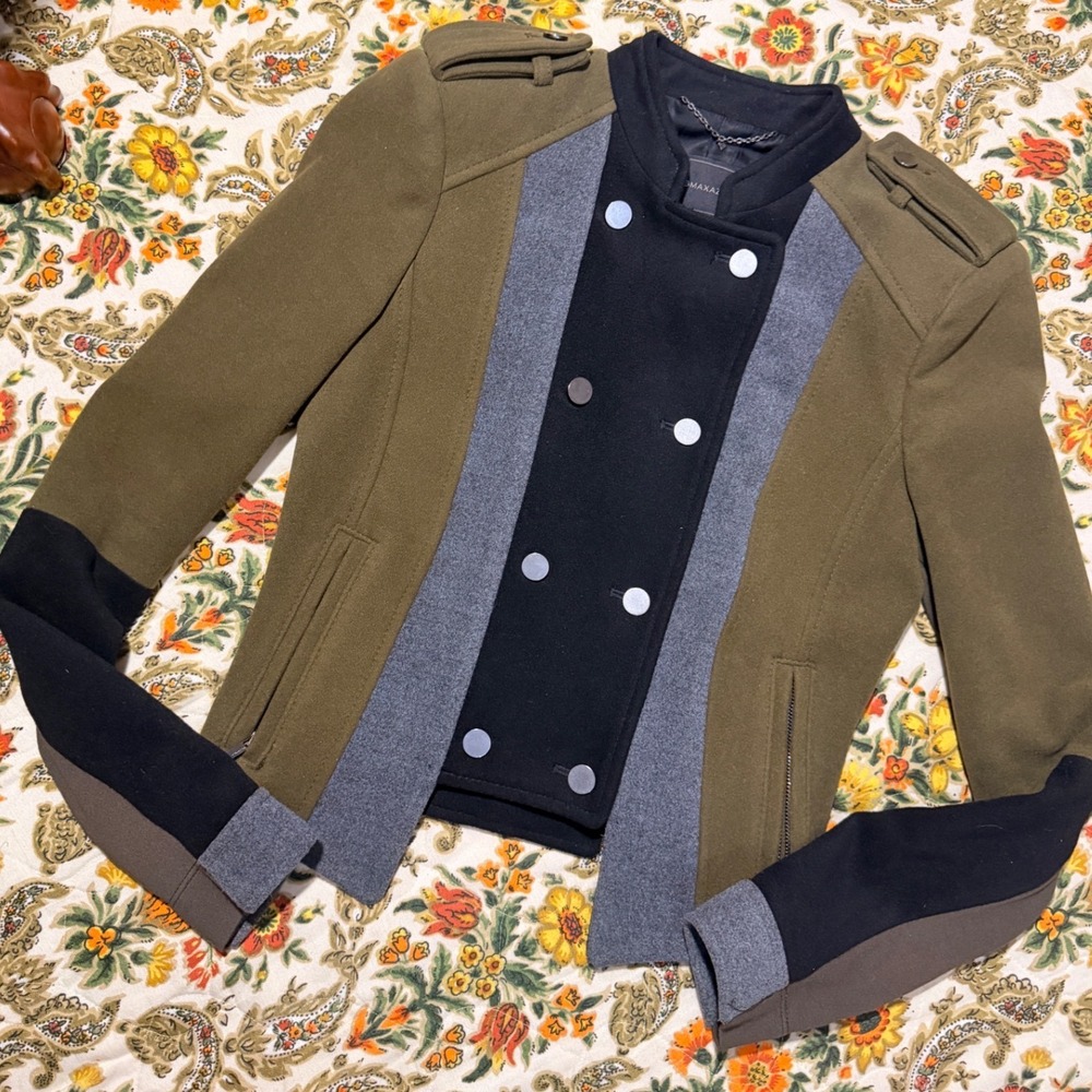 Awesome BCBG military style olive green grey black jacket double breasted XS